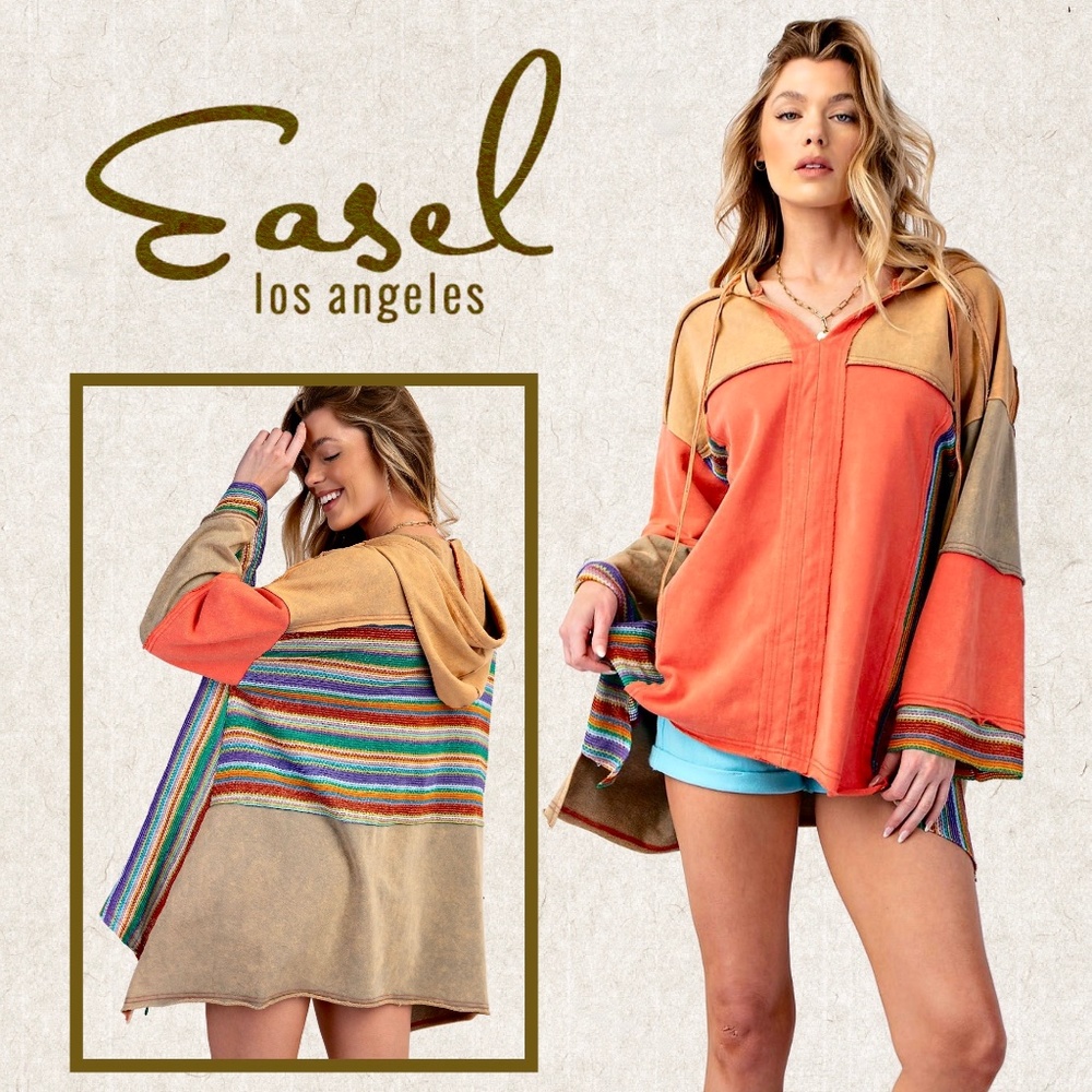 EASEL Pullover Hoodie Mineral Washed Terry Knit & Crochet Details Raw Seams Hems